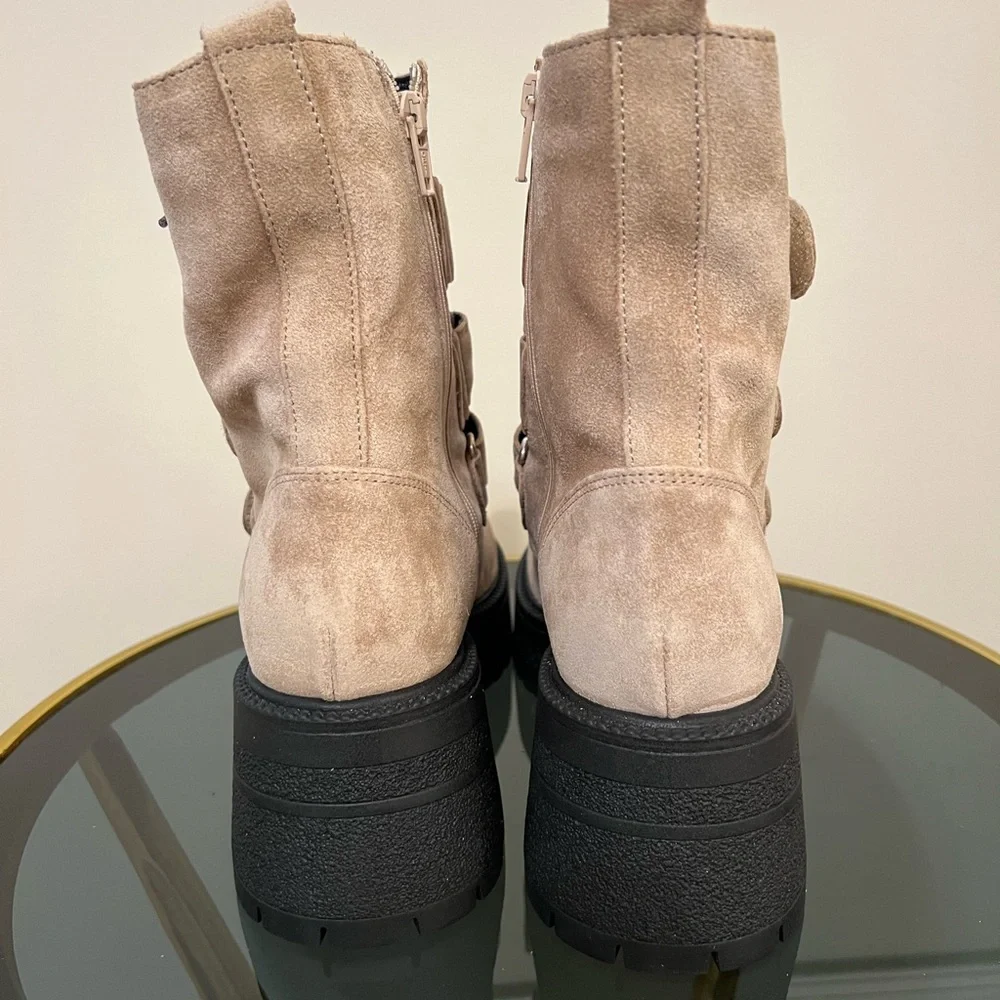 Free People Beige Latte Suede Emmett Lace Up Velcro Strap Up Boots Size 6 - Picture 7 of 10